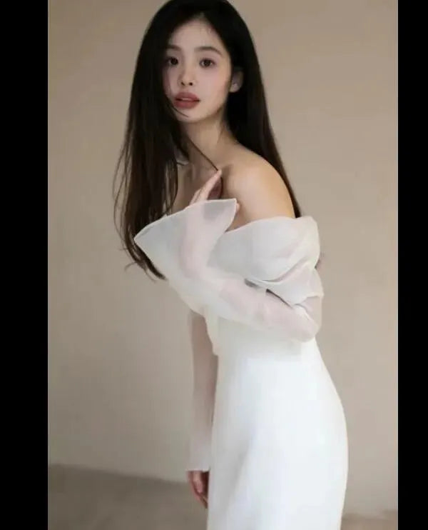 GIYSILE One Shoulder Satin Light Wedding Dress with Simple and Slim Fit Sweet Long Sleeved Bride Evening Gown Vestidos De Novia White-zipper