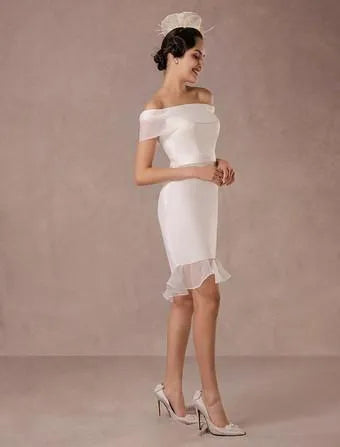 Vintage Short Wedding Dress Retro Satin Short Sleeve Wedding Dress Satin Mermaid Bow Satin Court Train Sleeves White Modern Bridal Princess Gown Vestido De Novia Satin