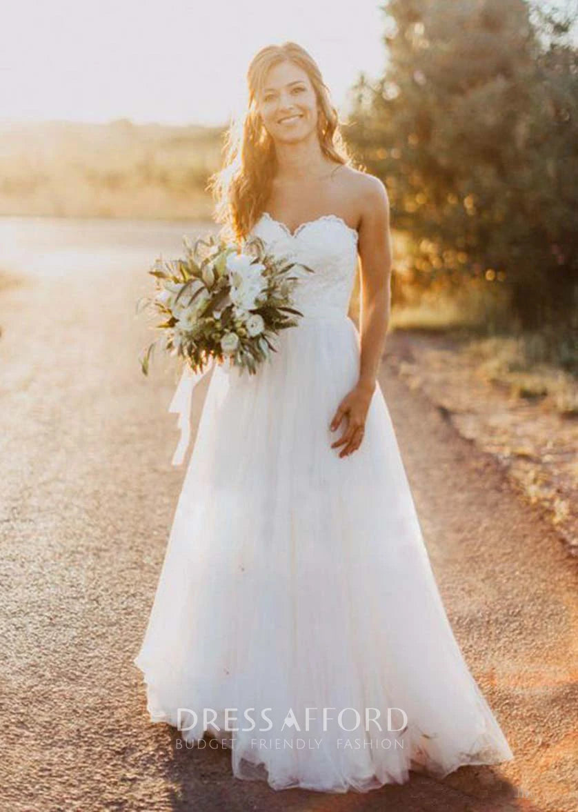 Strand Hochzeitskleid Ein Linie Schatz Vestido Noiva Praia Einfache weiße Tulle Casamento Schärpe Brautkleid Mitte gemacht