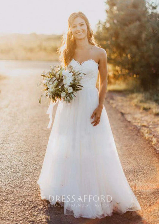 Vestido de noiva de praia Uma linha, namorada vestido noiva praia simples tule branco casamento faixas vestido de noiva feita sob medida