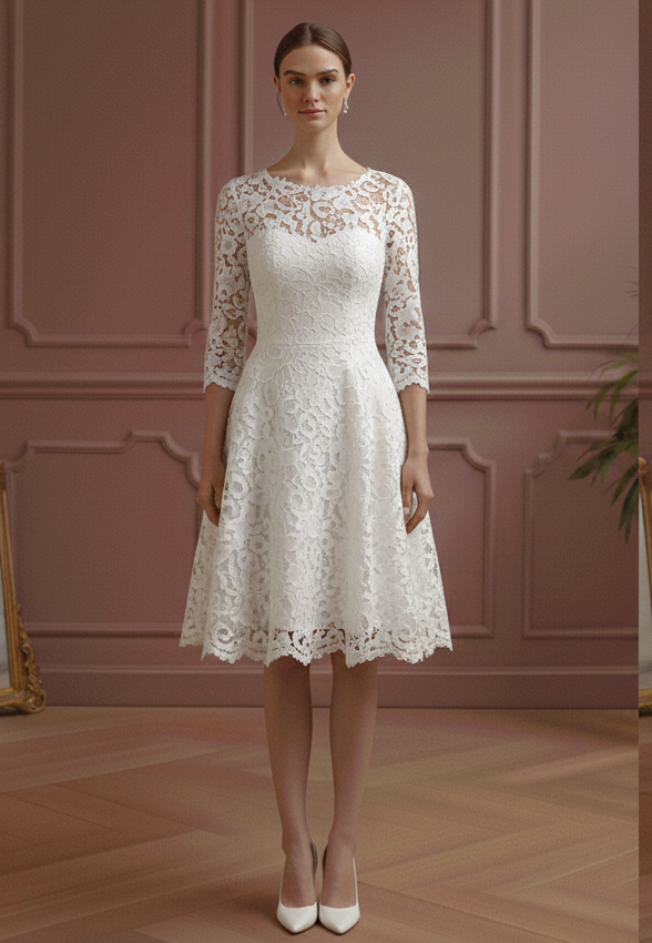Keyhole Back Sleeve Wedding Dress Short Lace Detail Elegant