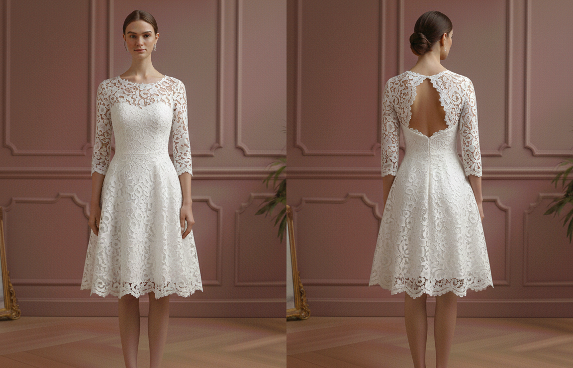 Keyhole Back Sleeve Wedding Dress Short Lace Detail Elegant