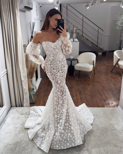 Elegant Mermaid Wedding Dresses Flowers Sweetheart Brides Party Dresses with Train Puff Sleeves Bridals Gowns for Women