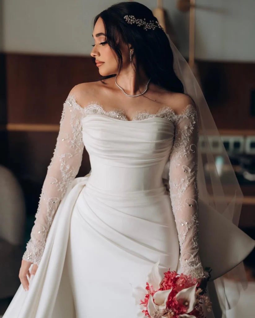 Vestido de novia de sirena marfil con hombros descubiertos, vestido de novia de encaje de manga larga, vestidos de novia de Boda de Princesa 