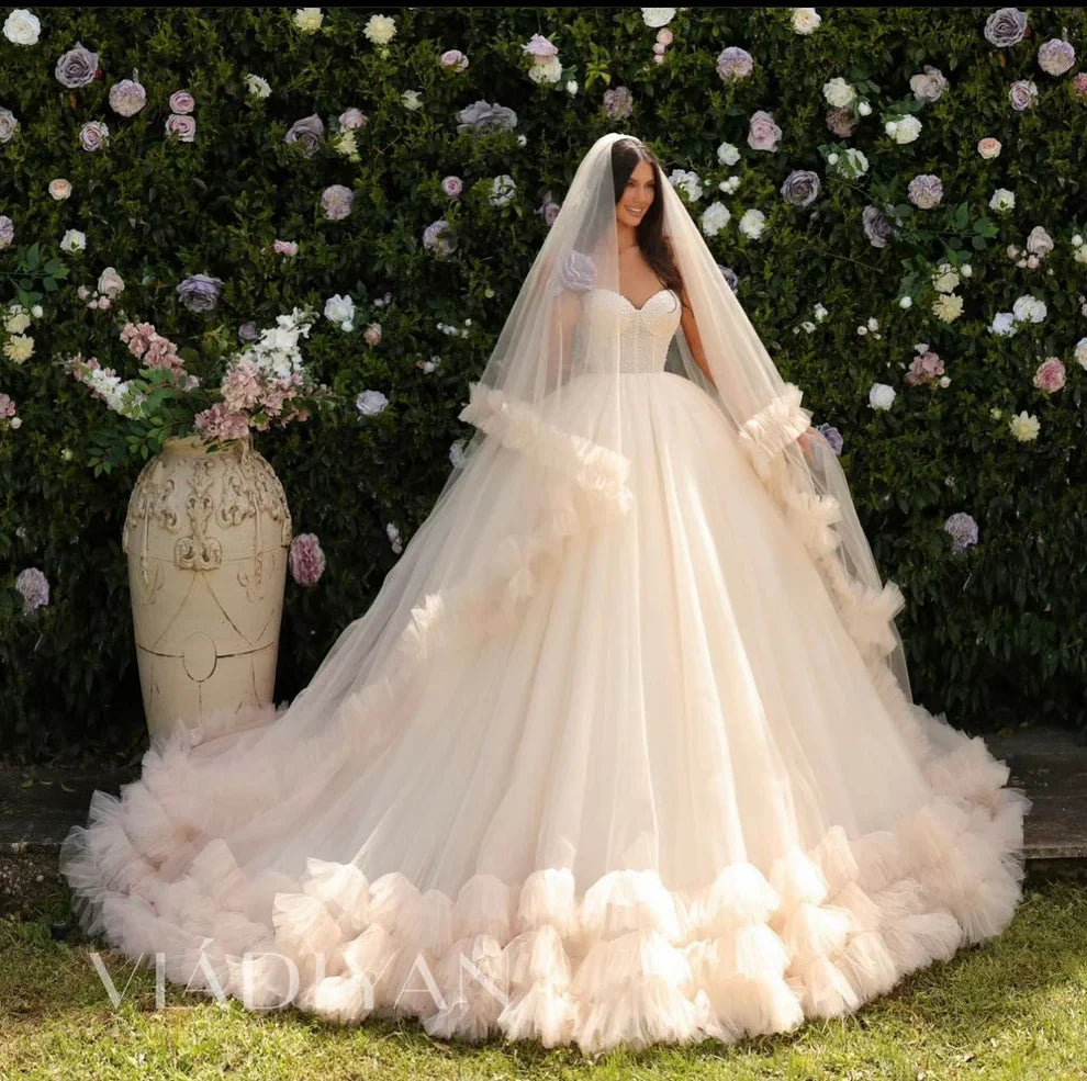 Bohomia – robe de mariée princesse, épaules dénudées, ligne a, dos nu, froncée, en Tulle, à plusieurs niveaux 