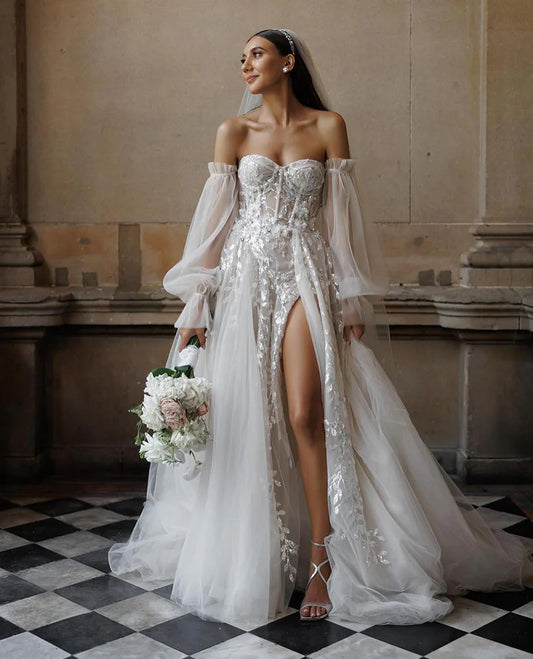 Vestidos de novia de encaje con lentejuelas y escote en forma de corazón, manga larga abombada, vestido de novia con abertura lateral, vestidos de novia personalizados 