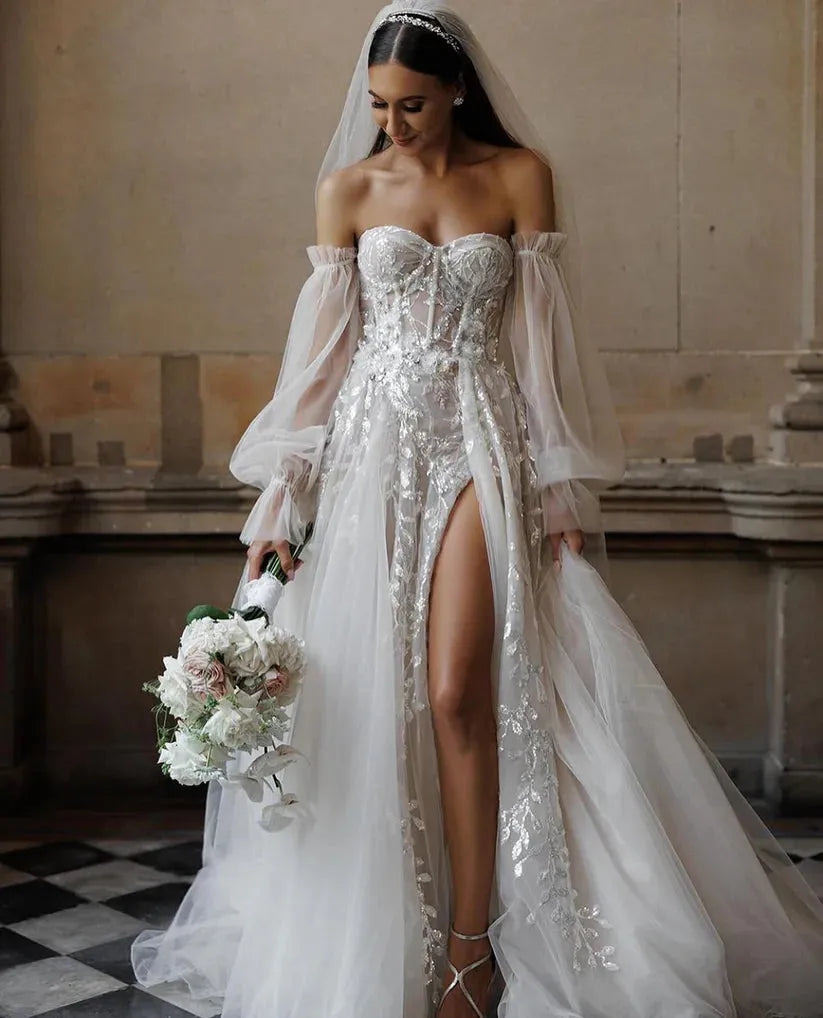 Sweetheart Sequins Lace Wedding Dresses Puff Long Sleeve A Line Side Split Bride Dress Wedding Gowns Customize Ivory 24w