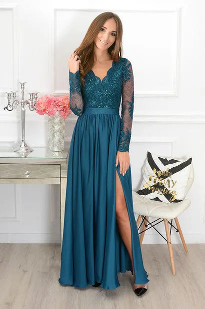 Hunter Green Evening Dress Long Full Sleeves A Line Lace Applique Sequined Bling Slit Floor Length Prom Party Gowns Elegant Green