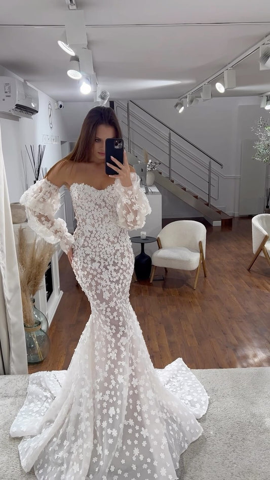 Vestidos de novia elegantes de sirena, vestidos de fiesta de novia con flores y escote en forma de corazón, vestidos de novia con mangas abullonadas para mujer