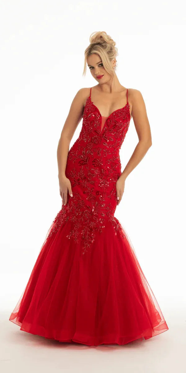 Luxury Red Lace Embroidery Prom Dresses Tulle Mermaid فساتين السهرة Elegant Sleeveless Floor-Length vestidos verano moda as pic