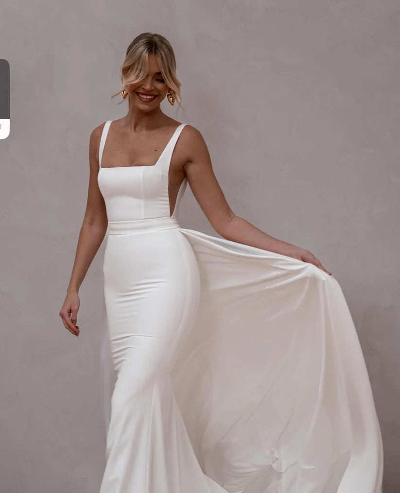 Vestidos De Novia sexis desmontables De cola larga con cuello cuadrado, Vestidos De Novia elegantes De satén con Espalda descubierta, Vestidos De Novia tipo sirena 