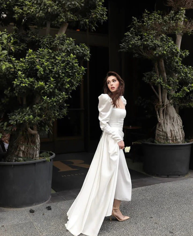 Vestido de novia de princesa satinado, línea A, cuello cuadrado, vestidos de novia de manga larga con cordones en la espalda, vestidos de fiesta 