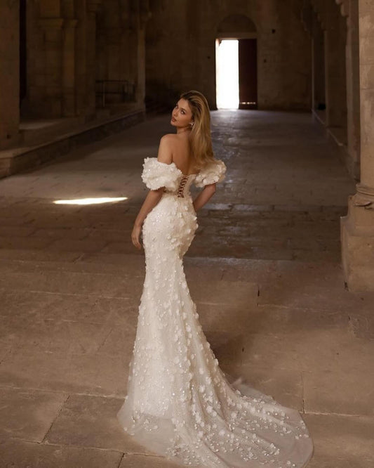 Abiti da sposa sirena ivroy fiori di pizzo a cuore maniche a soffio corta abito da sposa abito da treno da treno da treno.