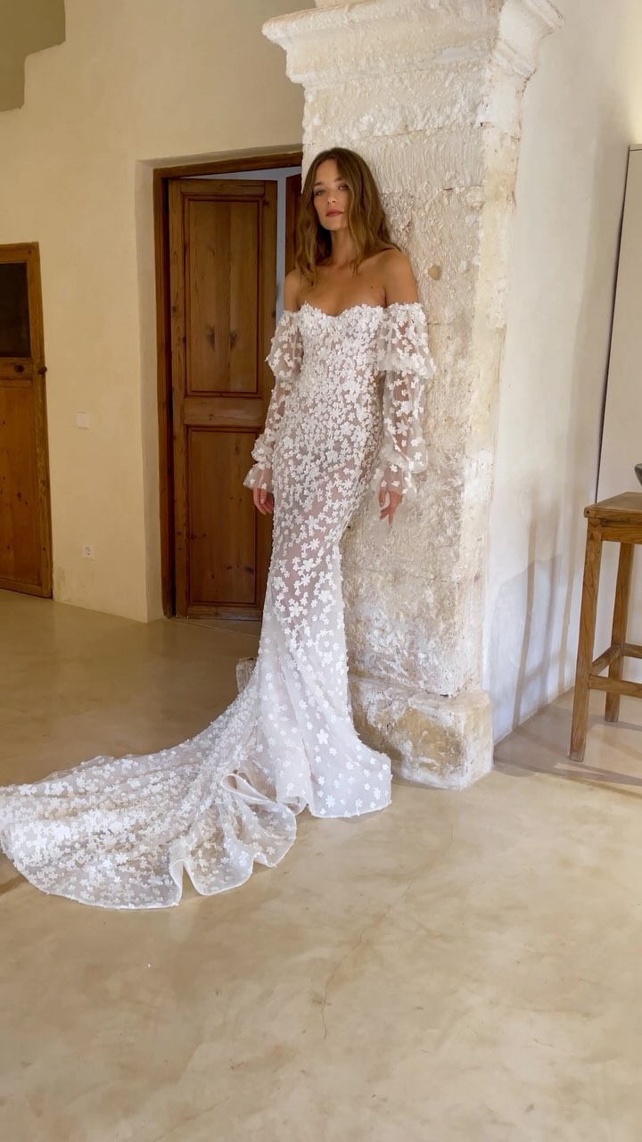 Vestidos de novia elegantes de sirena, vestidos de fiesta de novia con flores y escote en forma de corazón, vestidos de novia con mangas abullonadas para mujer