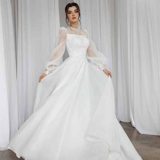 Gaun Perkahwinan Sederhana Wanita A Line A Line Gentle Sexy Fluffy Lace Leher Tinggi Gaun Pengantin Panjang Puff Lengan Vestidos Novia