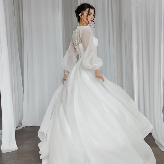 Semplici abiti da sposa formale da donna è una linea delicata sexy soffice pizzo alto abiti da sposa a collo alto lunghi vestidos noci