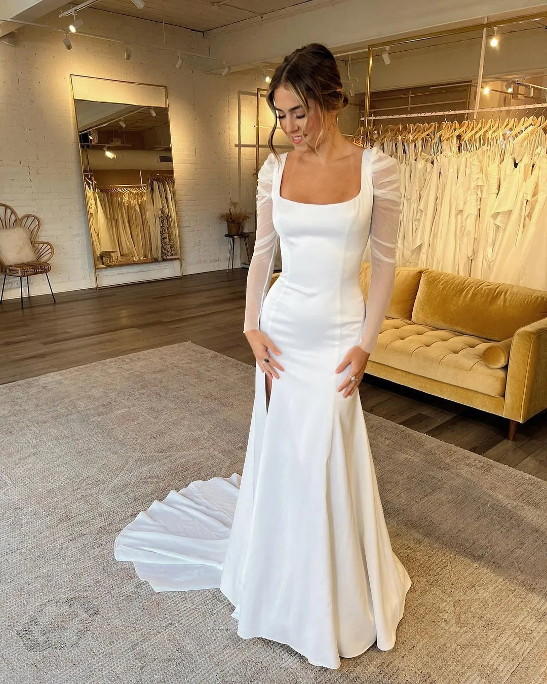 Mermaid Wedding Dresses Square Collar Long Sleeves Bridals Evening Dress for Women Sweep Train Brides Party Gowns Ivory