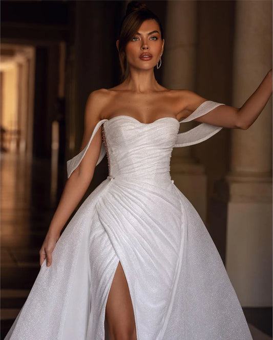 Vestido de novia de sirena con purpurina, vestidos de novia con abertura lateral, escote corazón, vestidos de novia con tren desmontable 