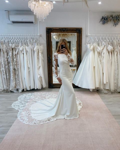 Urocza sukienka ślubna syreny wysoka szyja koronkowe aplikacje Sweet pociąg ślubny suknie ślubne moda amanda novias vestido de novia