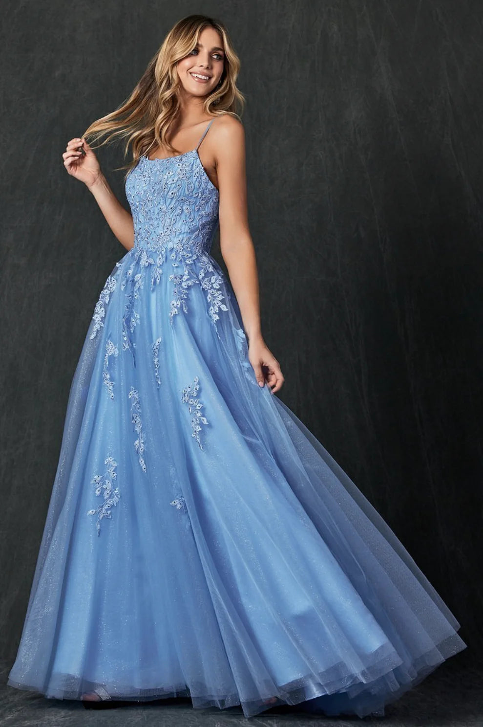 Blue Prom Dress Lace Applique Beaded Long Floor Length Tulle Spaghetti Strap A Line Elegant Evening Gown Party Women Custom made