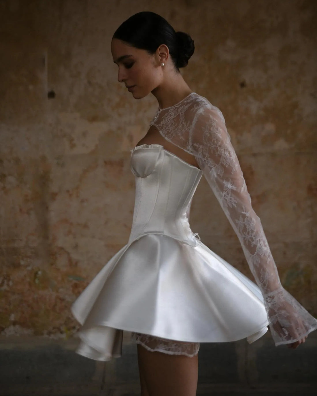 Mini Wedding Party Dresses A-Line Detachable Lace Long Sleeves Brides Gowns Stain Simple Bridals Party Dress for Women Ivory