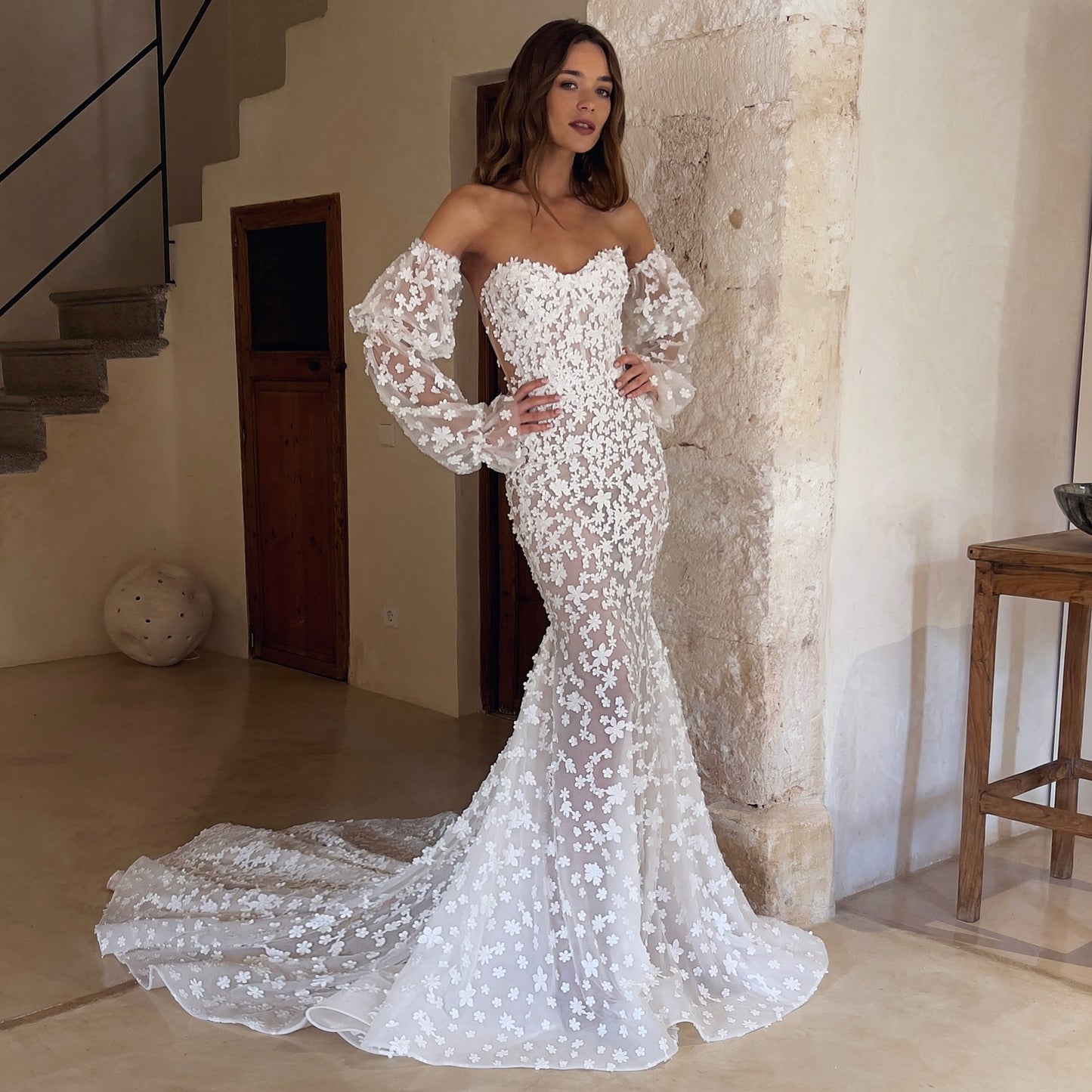 Elegant Mermaid Wedding Dresses Flowers Sweetheart Brides Party Dresses with Train Puff Sleeves Bridals Gowns for Women