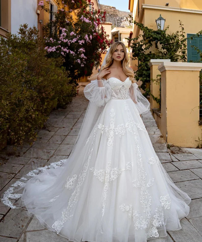 Vestido de novia de princesa de tul ilusión, mangas abullonadas, hombros descubiertos, apliques de encaje, vestidos de novia 