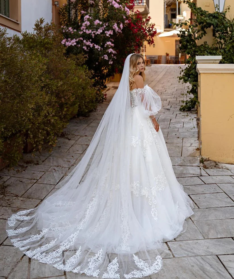 Ilusi tulle putri gaun pengantin lengan puff dari bahu gaun pengantin appliques lace vestidos de noiva