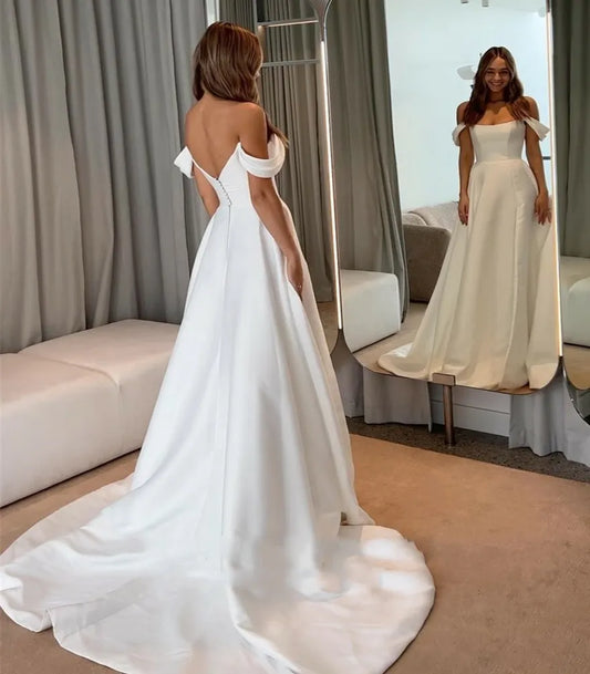 Soft Satin A Line Wedding Dresses Sleeveless Off The Shoulder Bridal Gowns Long Train Wedding Party Gowns