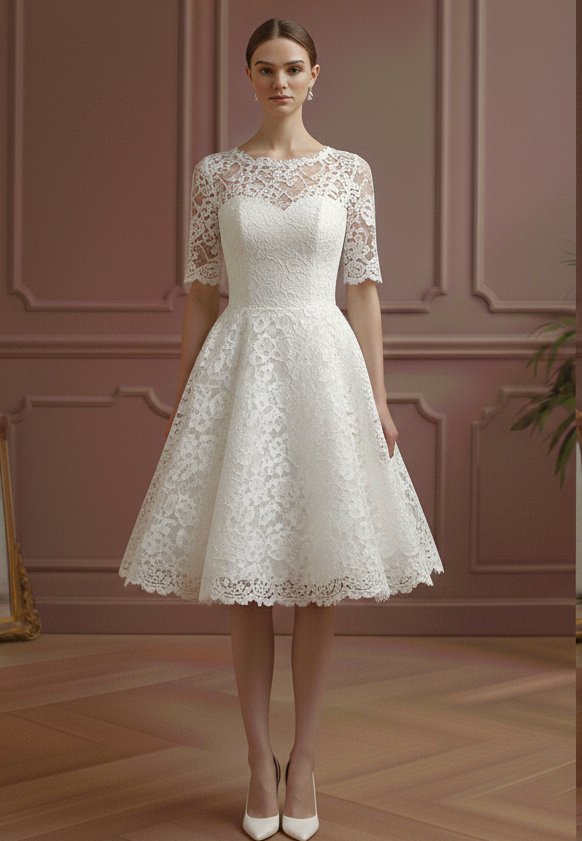Short Petite Sleeve Wedding Dress Adjusted Fit Lace Elegant