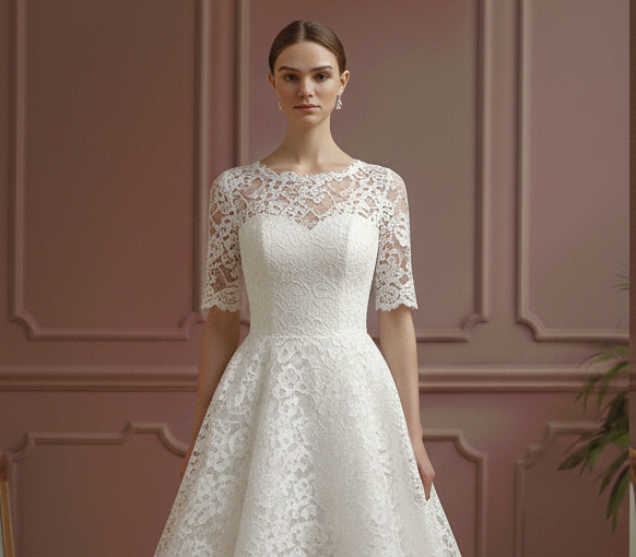 Short Petite Sleeve Wedding Dress Adjusted Fit Lace Elegant