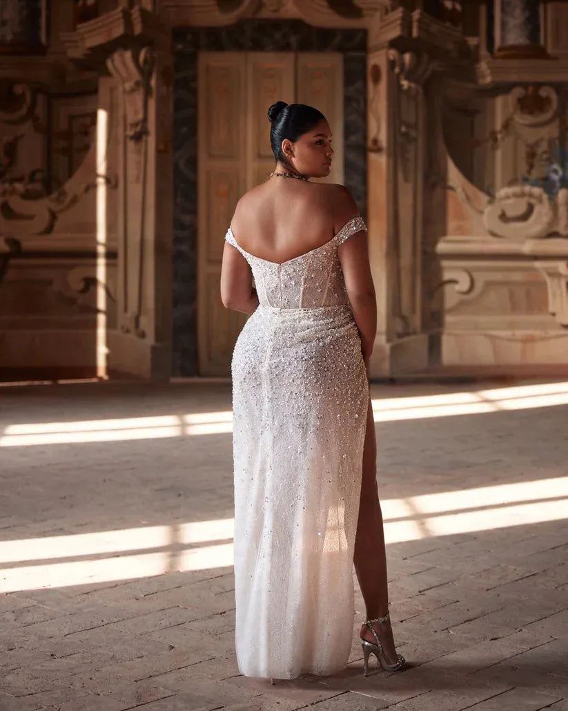 Shiny Off-the-shoulder Sequined Sheath Wedding Dresses Silhouette Custom Made Bridal Grown Vestido De Noival Champagne 26w Plus Size