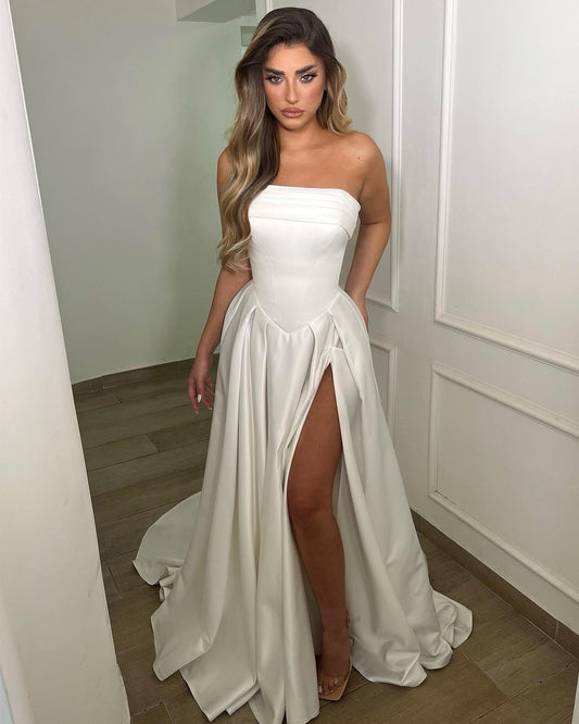 A-Line Elegante Brautkleider trägerloser Fleck Hihe Side Spit Brides Partykleider für Frauen Abendkleider maßgeschneidert