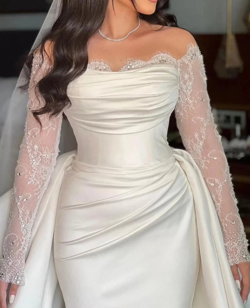 Elfenbein Meerjungfrau Hochzeitskleid von der Schulterbrautkleid Spitze Langarm Vestidos de Novia Prinzessin Hochzeitskleider