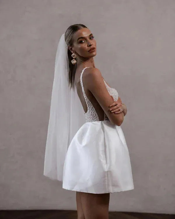 Modern Mini Ball Gown High Waist White Wedding Dress Square Collar Pearls Spaghetti Strap Sexy Backless With Button Wedding Gown As picture