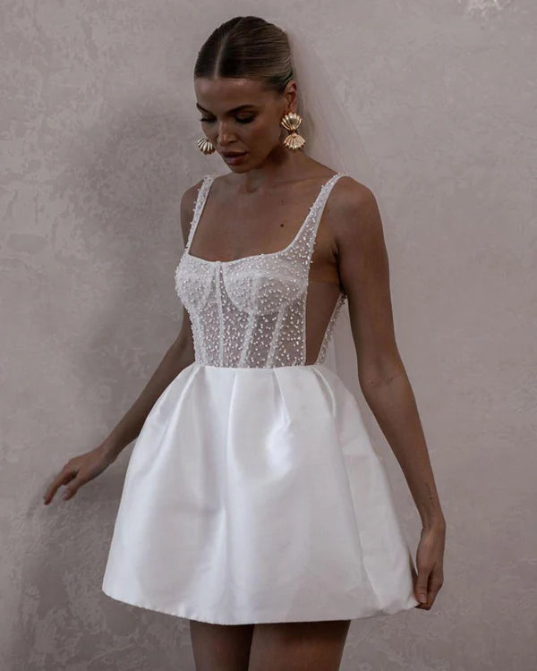 Modern Mini Ball Gown High Waist White Wedding Dress Square Collar Pearls Spaghetti Strap Sexy Backless With Button Wedding Gown