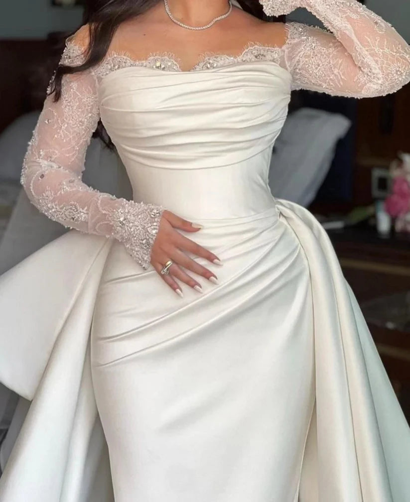 Vestido de novia de sirena marfil con hombros descubiertos, vestido de novia de encaje de manga larga, vestidos de novia de Boda de Princesa 