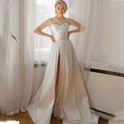 Newest Satin A Line Wedding Dress Sweetheart Long Sleeve With Pearls High Slit Bride Dress Illusion Back Robe De Mariee