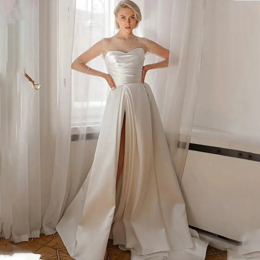 Robe De mariée trapèze en Satin, manches longues, avec perles, fente haute, Illusion au dos, nouvelle collection