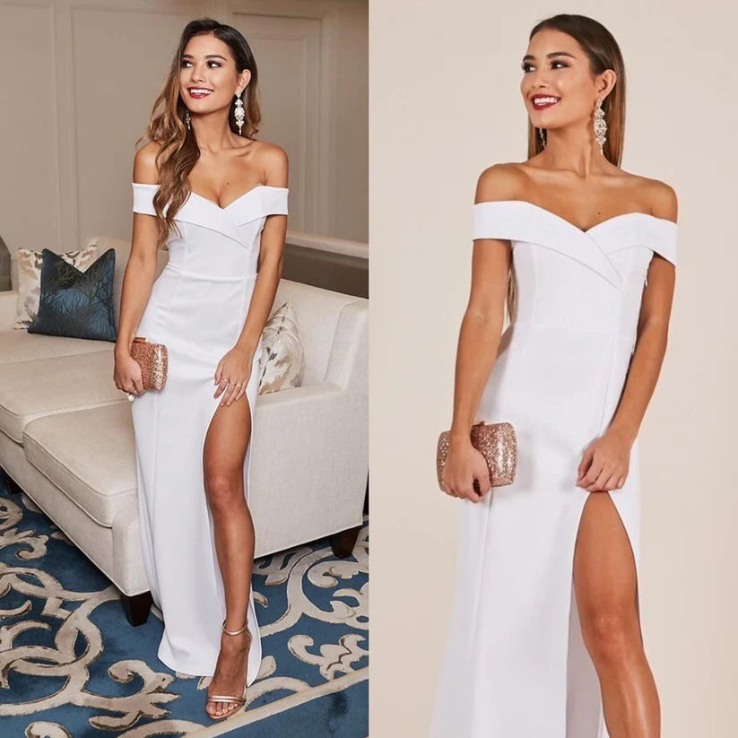 Satin Mermaid Vestido de Noiva off the Shoulder Fashion Princess Side Split Bridal Gaun Plus Ukuran