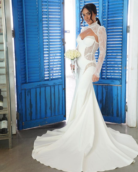 Vestidos de noiva de sereia Sweetheart Halter Mangas compridas Vestido de noivas de cetim para mulheres Vestidos de trem de trem Israel