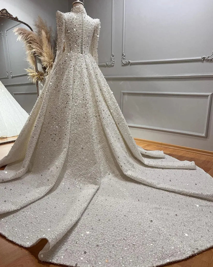 Luxury Sparkly Sequin Long Sleeve Muslim Wedding Dress for Bride High Neck Islamic Bridal Gowns Women Arabic Robe De Mariée Ivory 14w