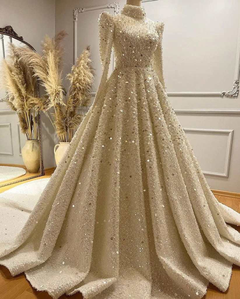 Luxury Sparkly Sequin Long Sleeve Muslim Wedding Dress for Bride High Neck Islamic Bridal Gowns Women Arabic Robe De Mariée Ivory 14w