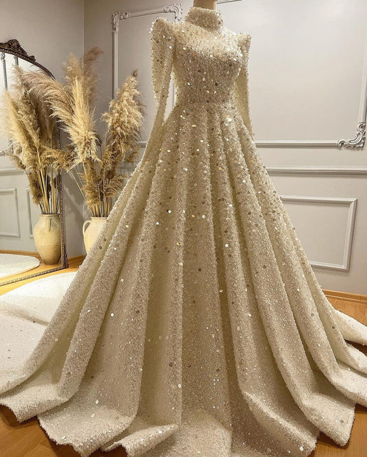 Vestido De novia musulmán De manga larga con lentejuelas brillantes De lujo para novia, vestidos De novia islámicos con cuello alto, bata árabe para mujer 