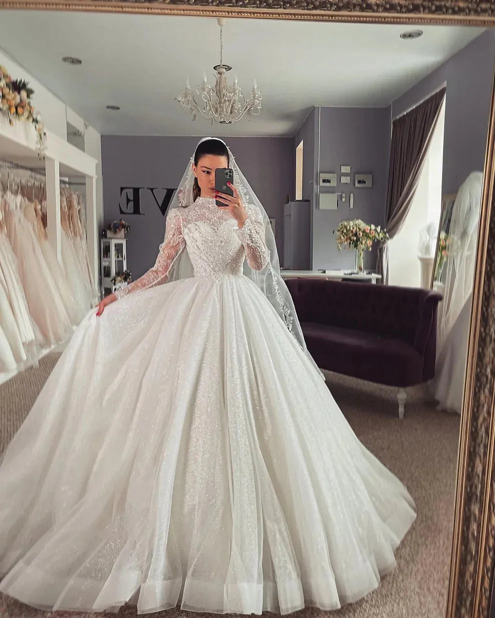 Empire Glitter Lace Wedding Dresses High Neck Appliques Cap Sleeves A-Line Bridal Gowns Shiny Princess Ball Bride Dress Ivory 26w