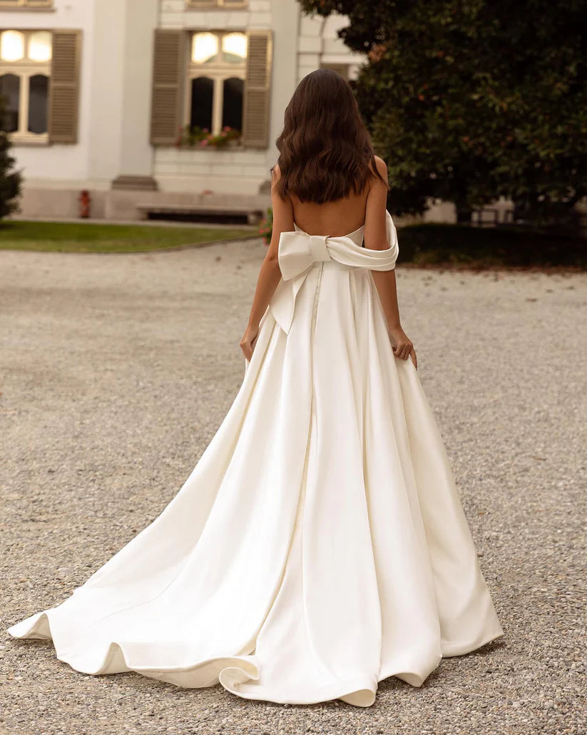 Princess Wedding Dresses A Line Satin Off The Shoulder Bride Gown Elegant Side Split Wedding Party Dress