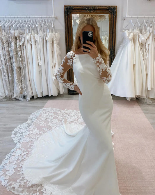 Charmante Meerjungfrau Hochzeitskleid hohe Nackenspitzen Applikationen Sweep Zug Brautkleider Mode Amanda Novias Vestido de Novia