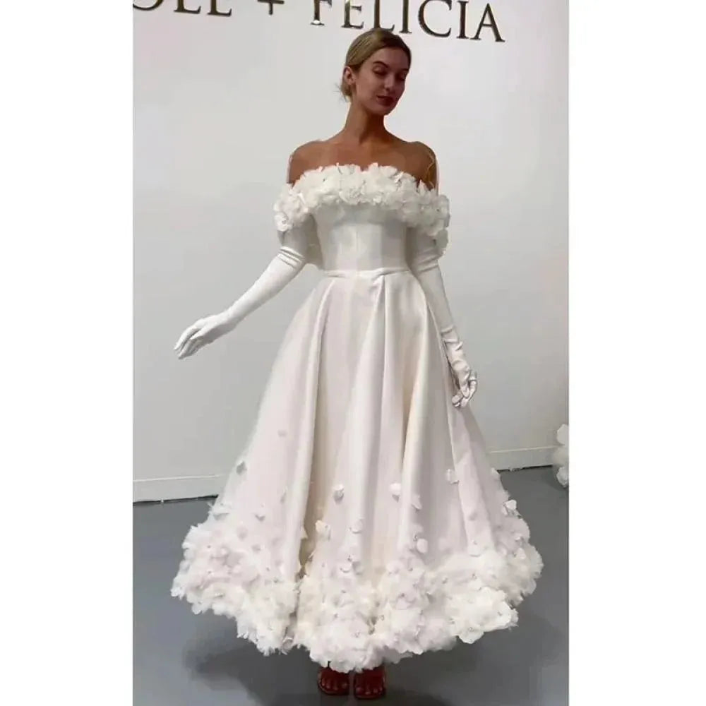 White Flower Lace Appliqued Prom Dresses Elegant Long Sleeves Tulle Wedding Dress Off the Shoulder vestidos prontos as pic