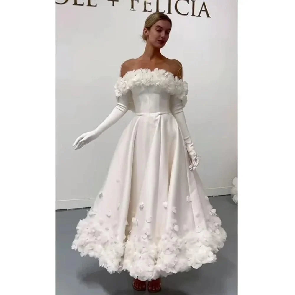 White Flower Lace Appliqued Prom Dresses Elegant Long Sleeves Tulle Wedding Dress Off the Shoulder vestidos prontos