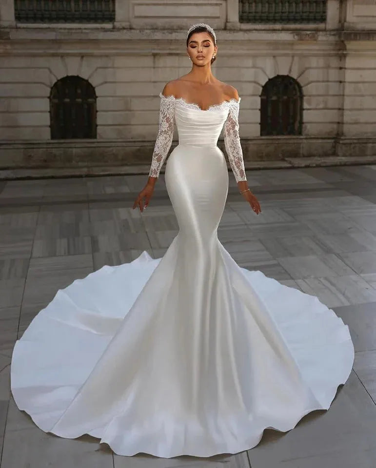 Stain Mermaid Wedding Dress With Detachable Train Lace Long Sleeve Bridal Dresses Vestido de novia Ivory 26w